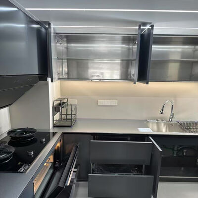 Ντουλάπια κουζίνας από ανοξείδωτο χάλυβα για εξωτερικούς χώρους, προσαρμόσιμα μεγέθη, μοντέρνο στυλ, με νεροχύτη, συρτάρια, συρόμενους μηχανισμούς και αξεσουάρ αποθήκευσης